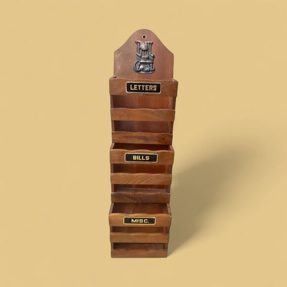 Vintage 3-Tier Wood Letter Holder: MCM Wall Mount Mail Organizer - Picture 1 of 8
